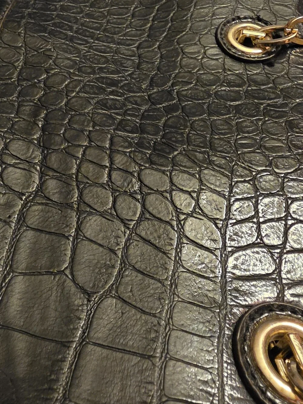 Anne Klein Black Faux Croc-Embossed Tote with Gold Hardware Charm